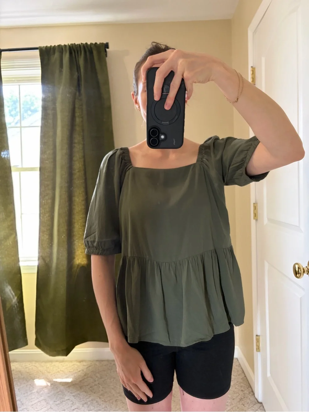LOFT Olive Green Peplum Blouse with a Square Neck and Puffed Sleeves